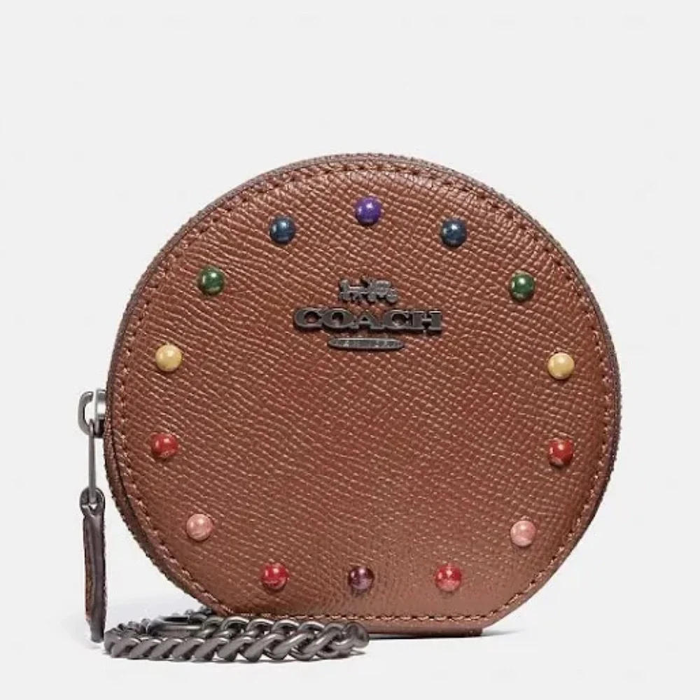 COACH ROUND COIN CASE RAINBOW RIVETS DARK SADDLE PRIDE ANTIQUE NICKEL F31574